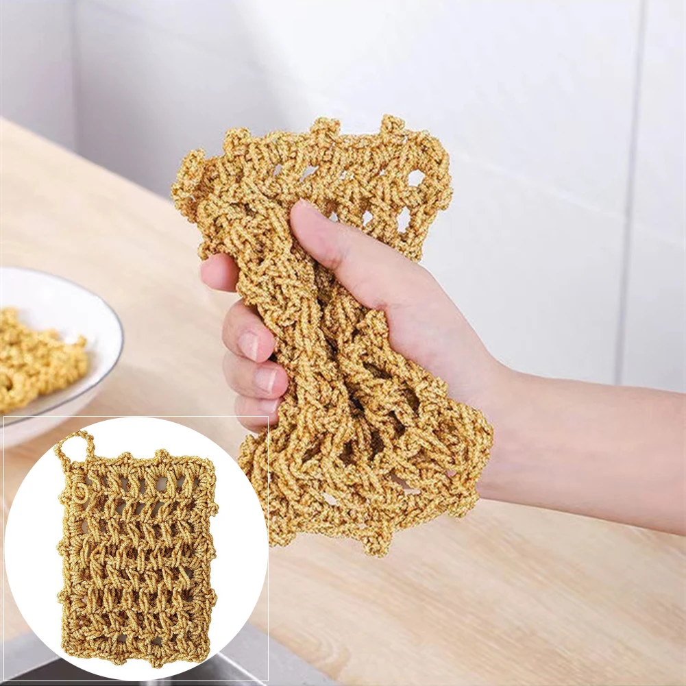 

1pc Gold Wire Dish Towel Kitchen Non-stick Oil Dishwashing Block Double-sided Rag Scouring Pad Mesh Dish Towel