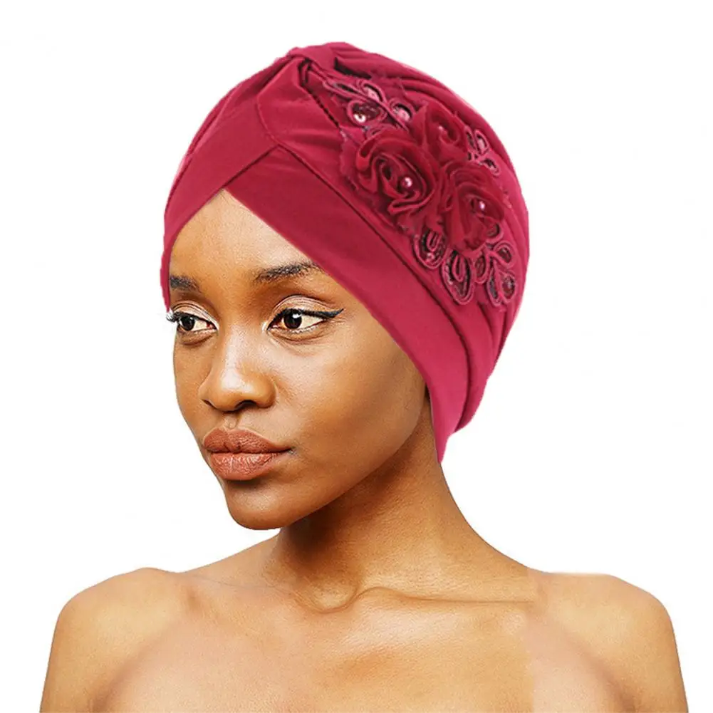 

India Hat Women Hat Good Stretch Wind-proof Tear-resistant Anti-shrink Brimless Warm Sequin Trim Flower All Match Turban Hat