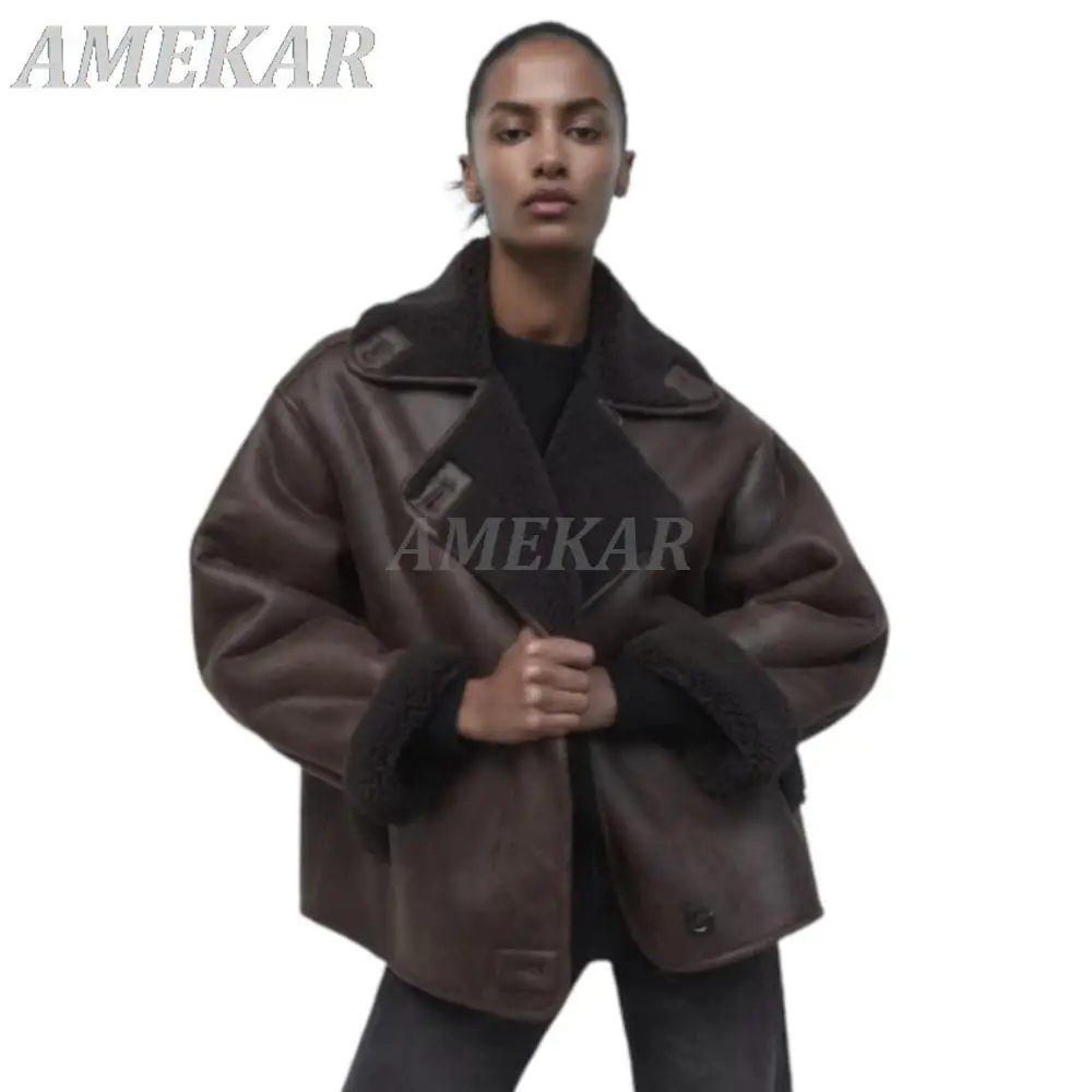 2023 Women's Winter Vintage Lambswool Lapel Jacket Faux Leather Thick Warm Asymmetry Coats Ladies Biker Outwear Casual Top Mujer