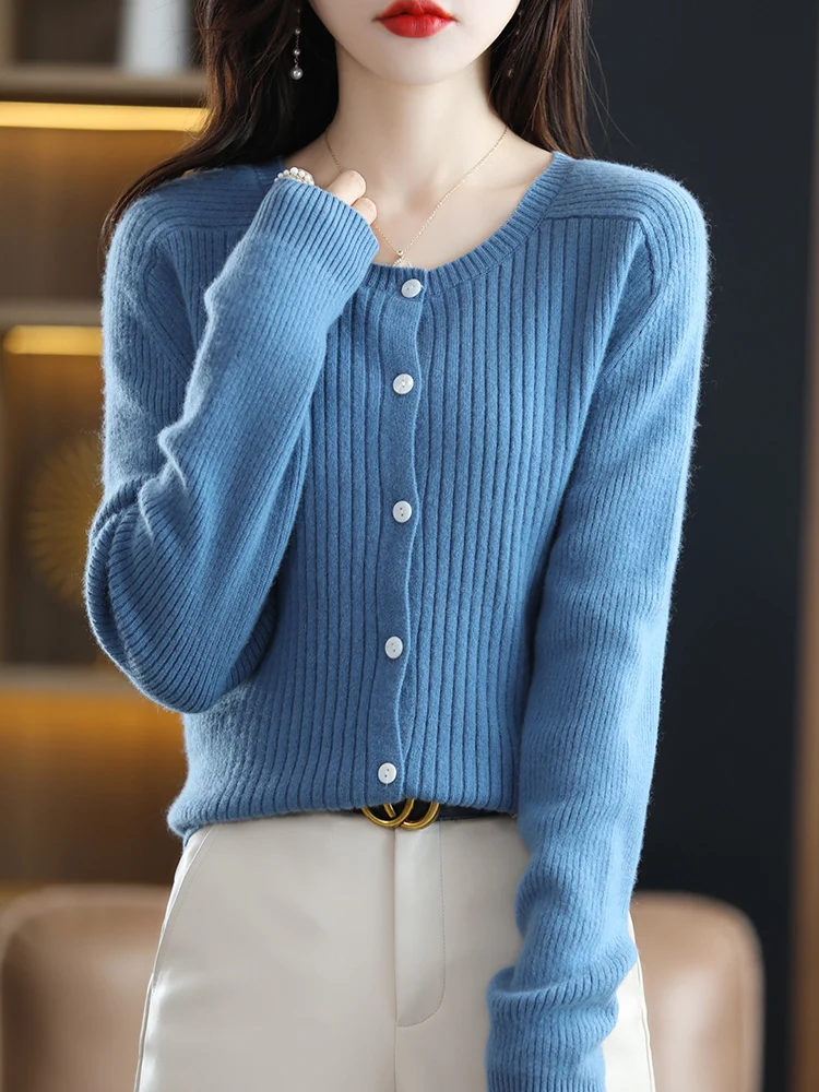 

High Quality Spring Autumn Women Basic Cardigan 100% Merino Wool O-neck Solid Cashmere Sweater Female Clothing New Fashion Grace