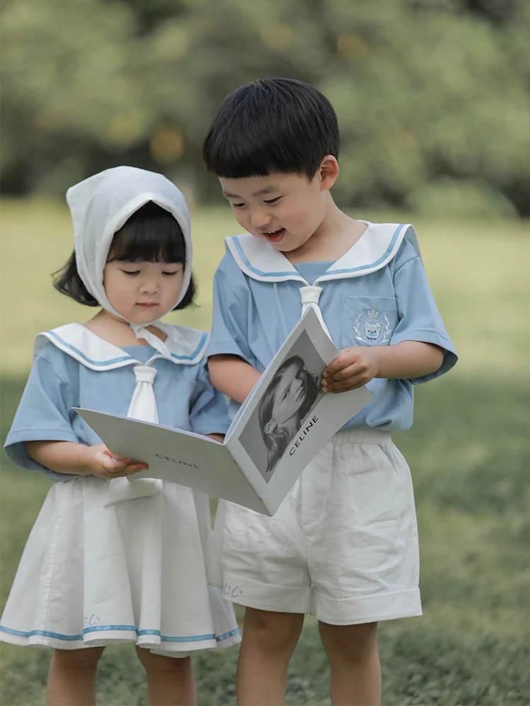 

Girls' College Style Brother and Sister Suit 2022 Summer New Playful Sailor Collar Baby Short-Sleeved T-Shirt Skirt