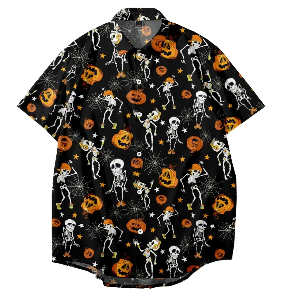 

Dancing Skeleton Print Loose Thin Shirt Beach Couple Hawaiian Style Short Sleeve Versatile Shirt-