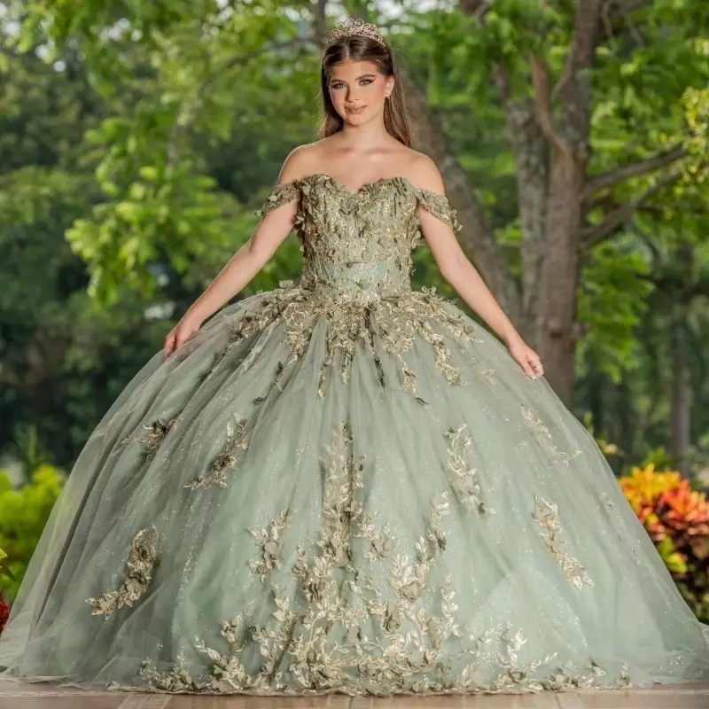 Зеленое милое платье Quinceanera с цветочной аппликацией и кружевом из бисера бальное