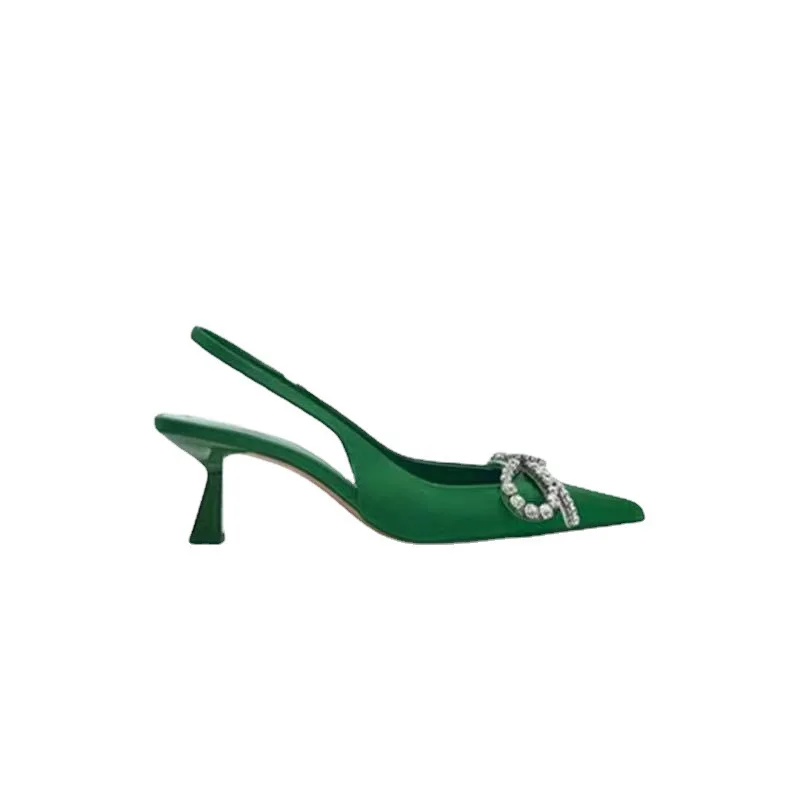 TRAF Green Heeled Sandals Woman Rhinestone Heels Summer 2022 Elegant Bow Ladies Pumps Women High Heels Slingback Lady Shoes