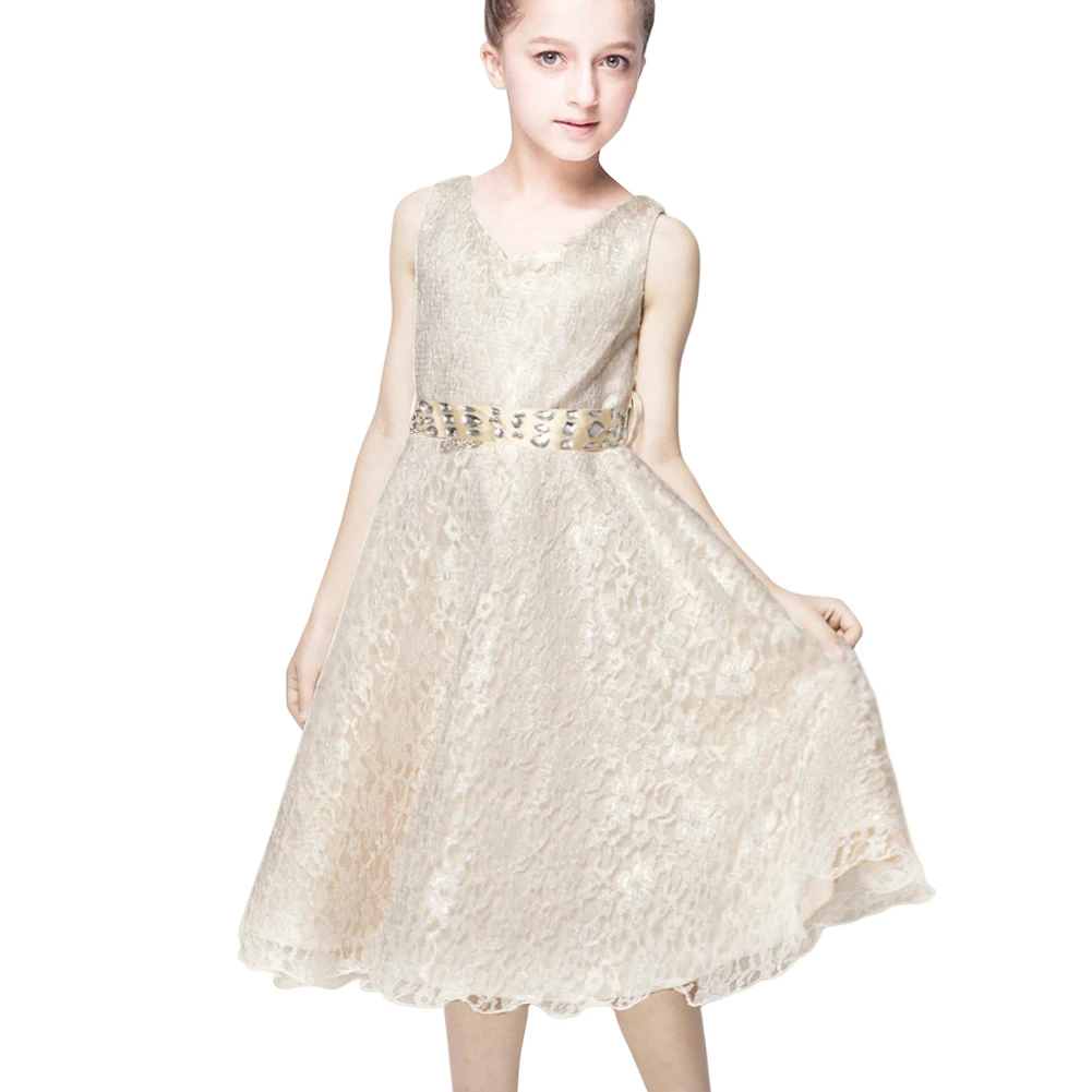 

Girls Lace Dress with Rhinestone Belt V-Neck Kids Performance Birthday Party Princess Dresses for Summer