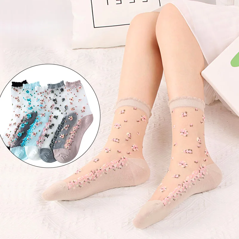 1 Pair Roses Female Ultra Thin Summer Breathable Transparent Sock Socks Lace Crystal Elastic 5 Colors