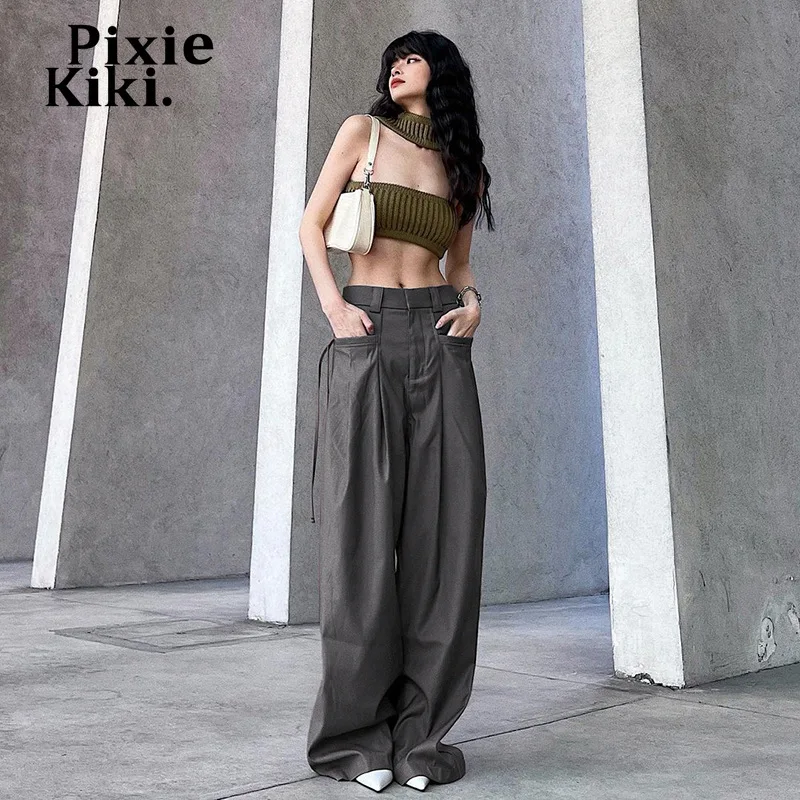 PixieKiki уличная одежда широкие брюки мешковатые женские модные 2022 серые свободные