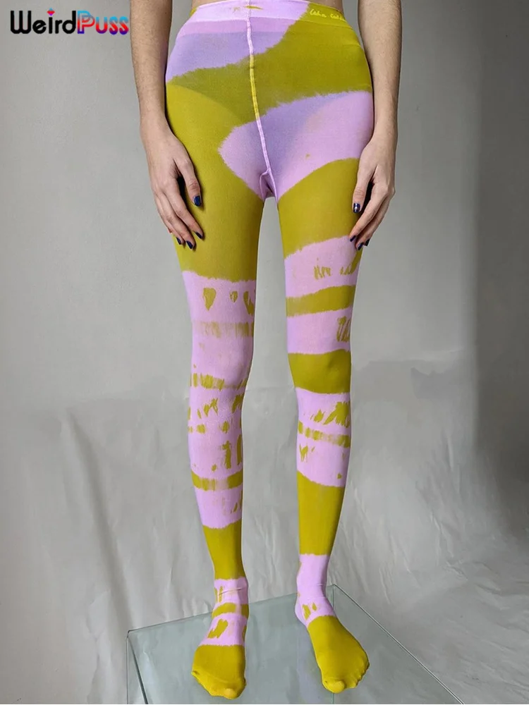 

Weird Puss Y2K Sexy Mesh Foot Pants Women Colorful Gradient See Through Summer Fashion 2022 Streetwear Wild Leggings Bottoms