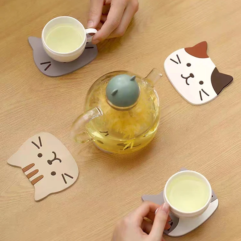 

Kawaii Cat Design Heat Insulation Table Mat Mini Cute Cup Coaster for Tea Coffee Desk Accessories Home Decors Office Supplies