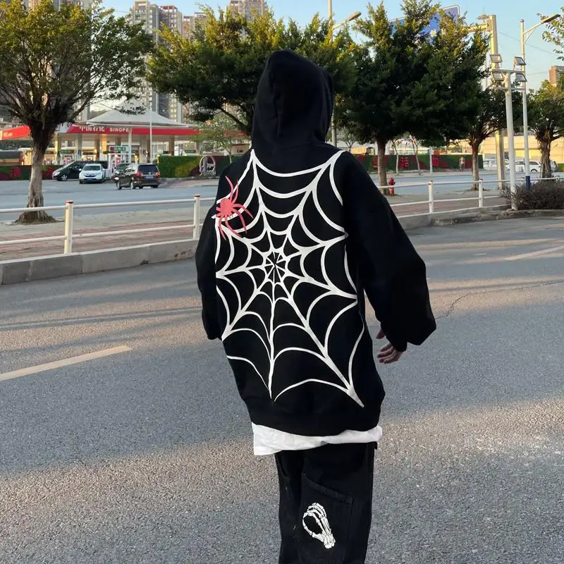 

Y2K American street dark cobweb print plus velvet hooded sweater tide brand autumn and winter top couple men and women leisure