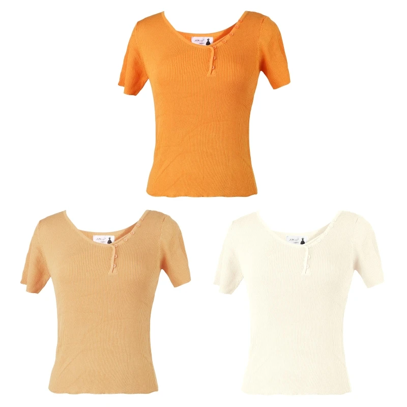 

Футболка женская трикотажная на пуговицах с V-образным вырезом и коротким рукавом