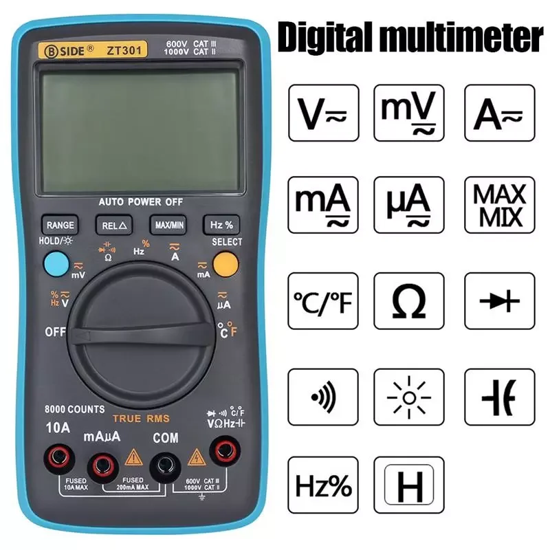 

ZT301 Digital Multimeter 8000 Counts Multifunction AC/DC Voltage Temperature Capacitance Tester Portable Voltage Meter