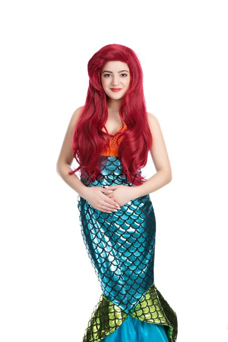 

70cm The Little Mermaid Red Wig Synthetic Curly Hair Cosplay Wigs Princess Ariel Wig Role Play Costume + Wig Cap