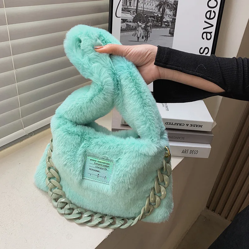 

Winter Fashion Chain Plush Bag Women's Casual Large Capacity Candy Color Underarm Bag 2022 New Women's Plush Handbag