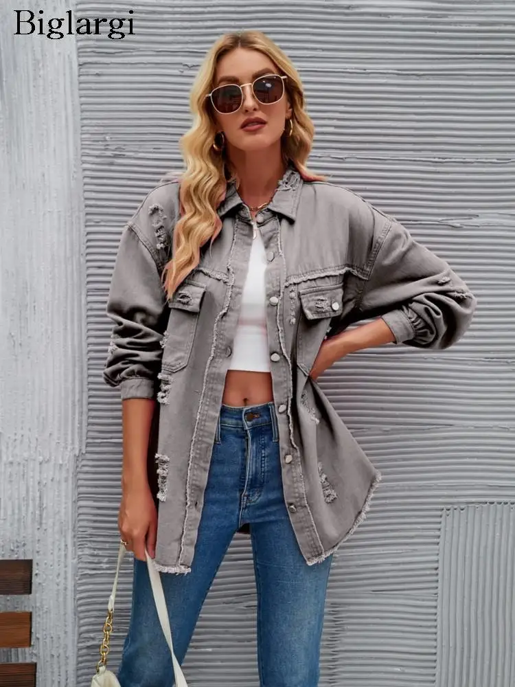 

Autumn Winter Denim Shirts Coat Women Irregular Fashion Fringe Casual Ladies Jackets Long Sleeve Loose Woman Jackets Coats 2023