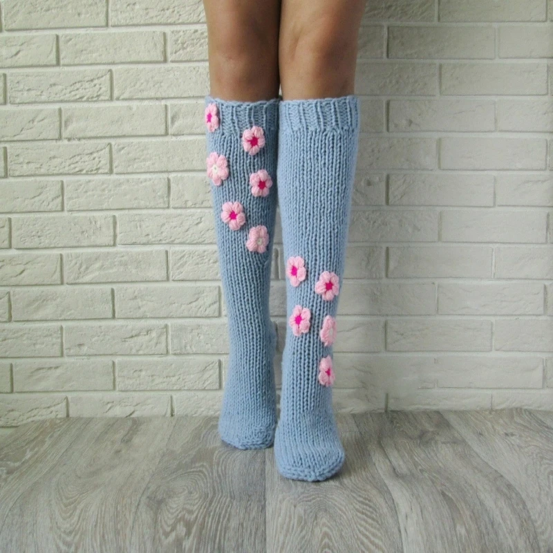 

Новинка 2022, женские длинные вязаные чулки, носки с цветочным узором, теплые носки для ног, Длинные вязаные чулки для повседневной носки