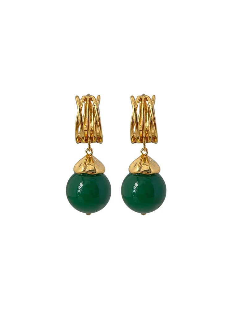 New Chinese Sle Natural Green Chalcedony Earrings National Design High-Grade Women 2024
