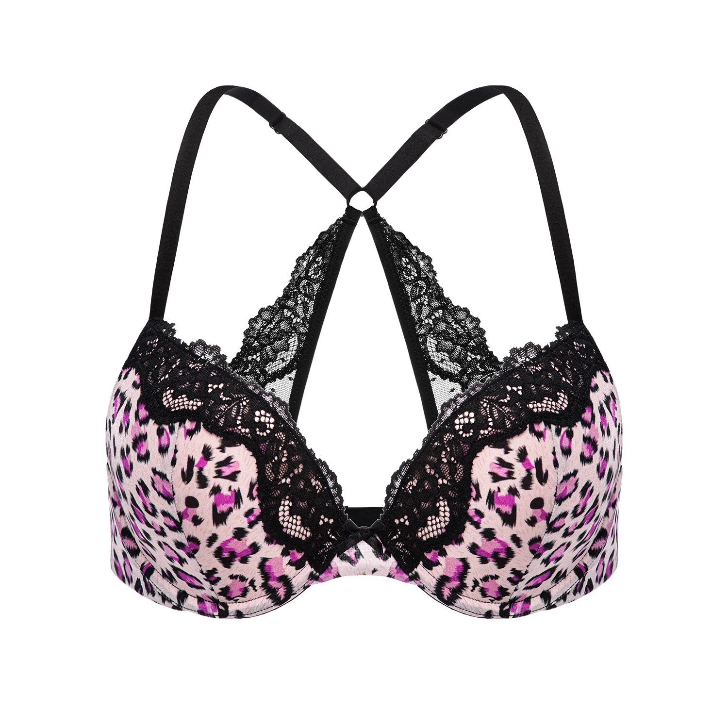 Wingslove Women's Sexy Push Up Bras Underwire Padded Leopard Cross Black Plunge Brallet Plus Size Underwear Cup A B C D DD DDD