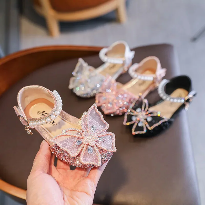 

Детские туфли с блестками и кружевом и бантом для девочек, милые туфли принцессы с жемчугом для танцев, повседневная обувь, новинка 2023, Детская Свадебная обувь