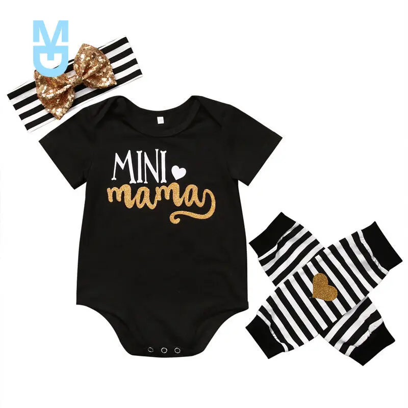 

New 0-18M Baby Girl Bodysuit Girls Letter Short Sleeve Striped Heart Leg Warmer Headband Outfits Newborn 3pcs Kids Clothes Set