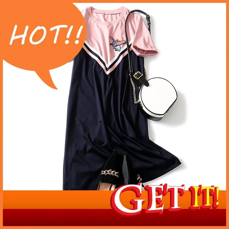 

Casual Women Dress Summer Dress A-line Patchwork Short Pockets Knee-length Empire O-neck Summer Women Korean Dress 3XL