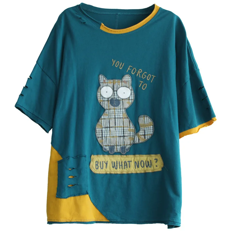 

2022 New T-shirt Women Summer Loose Retro Casual Tops Women O-Neck Short Sleeve Embroidery Character Patchwork Hole Shirt
