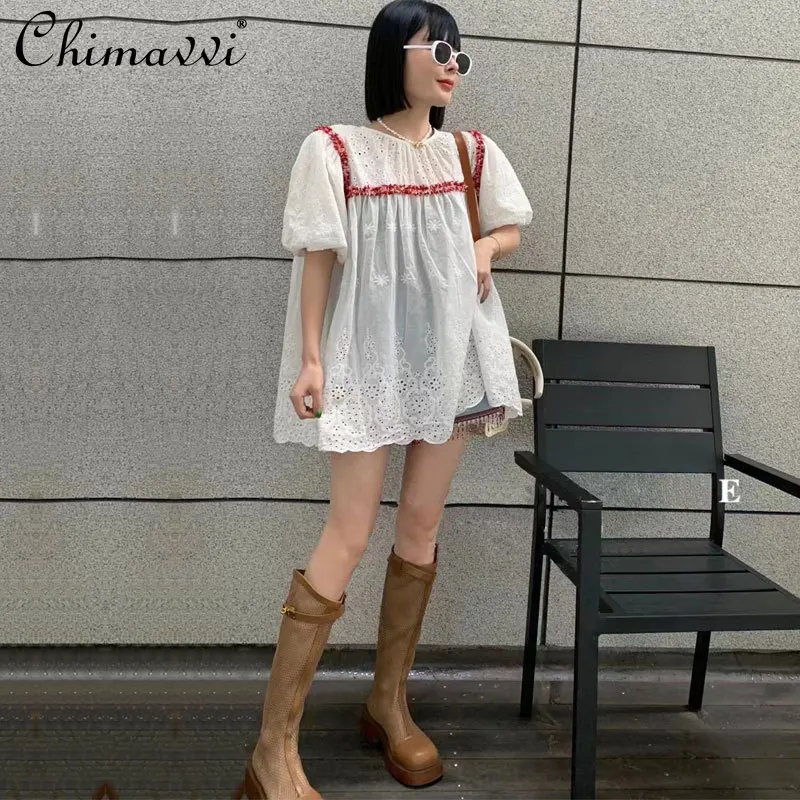 

Новинка 2022, модная детская рубашка в европейском стиле с разноцветными кружевами, топы, летняя просторная дизайнерская блузка с пышными рук...