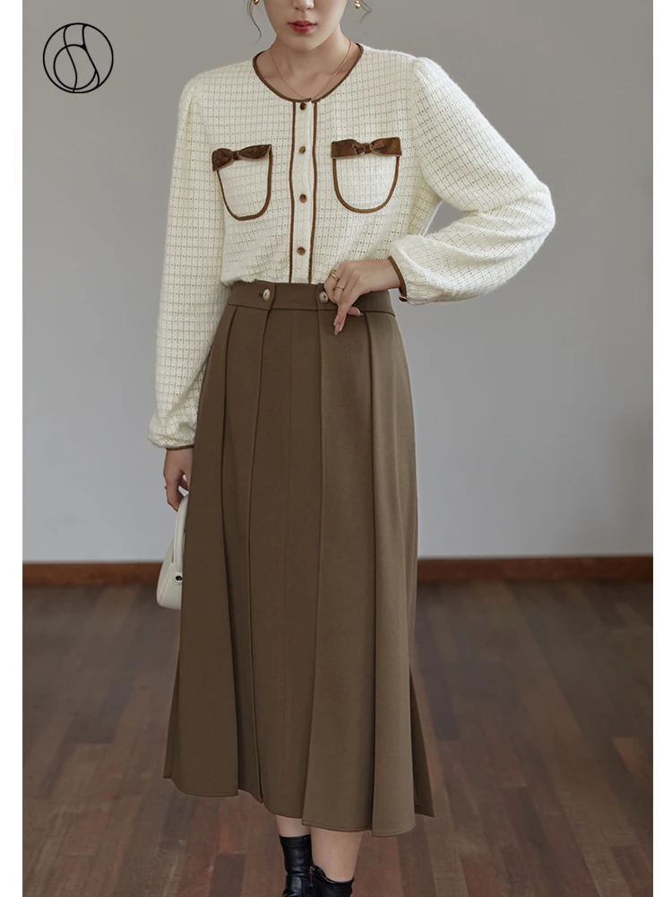 

DUSHU Women's Retro Temperament High-waist Button-decorated Long Skirt 2021 Winter New Coffee Color Commuter Thicken Warm Skirts