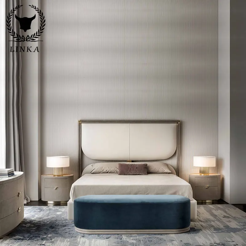

Light luxury leather bed master bedroom high back double bed Italian minimalist master bedroom soft pack bed