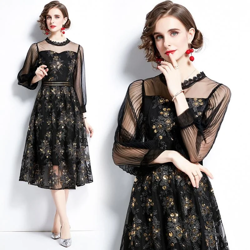 

French Trendy Style Mid Length Autumn Ruched Dresses Hollow Out Heavy Lace Patchwork Gauze Embriodery Quality Sequins Vestidos