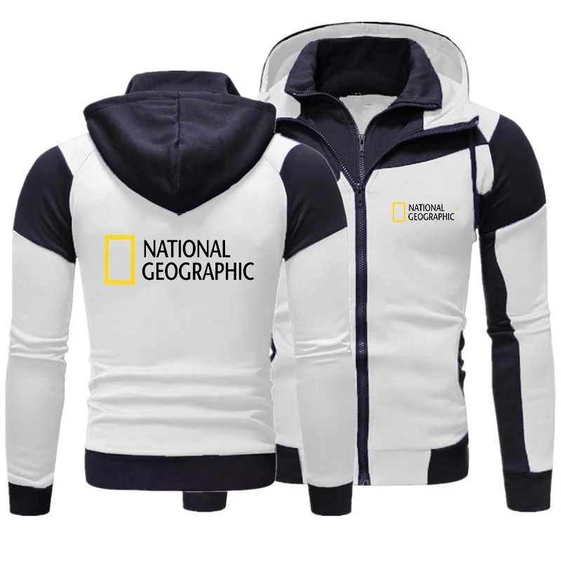 

2022 Spring Autumn New National Geographic Logo Print Men Double Zipper Jacket Sportshirt Punk Harajuku Sweatshirt Fleece Hoodie