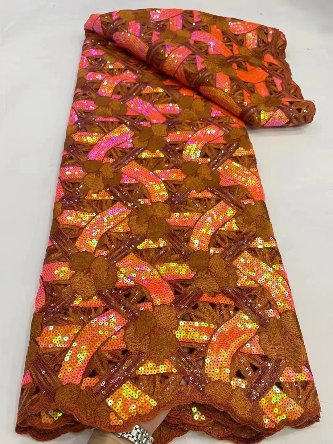 

High Quality African Nigerian Mesh Lace Fabric Embroidery With Glitter Heavy Big Sequins Lace For Wedding Party