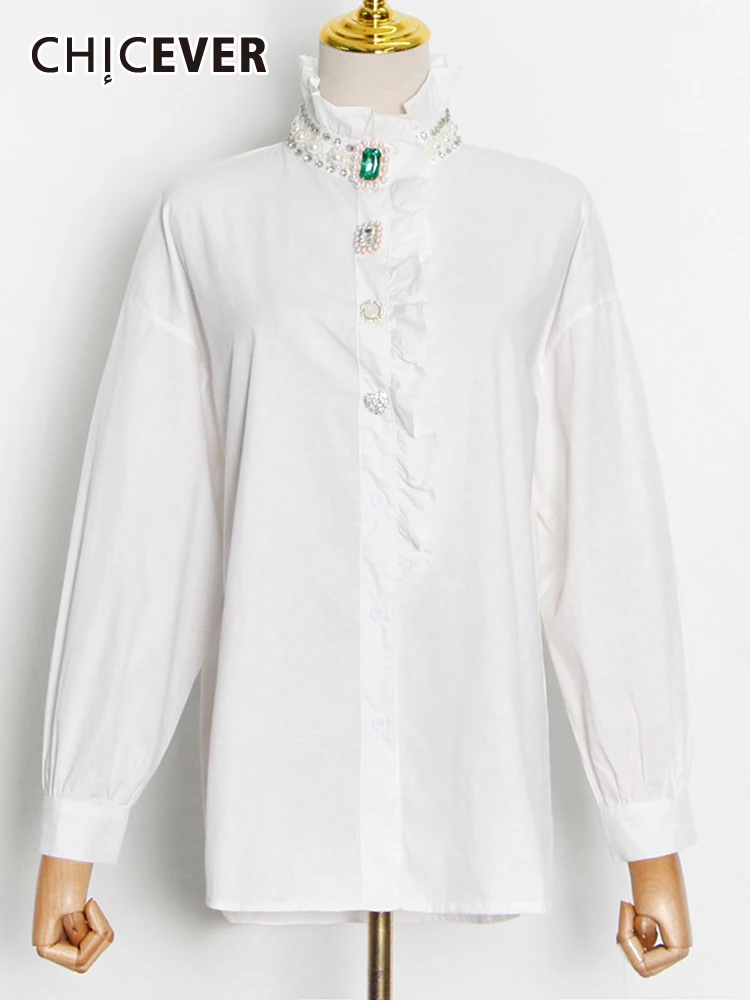 

CHICEVER Causal Blouses For Women Stand Collar Lantern Sleeve Patchwork Diamonds Fold Pleated Loose Shirts Female Clothing Style