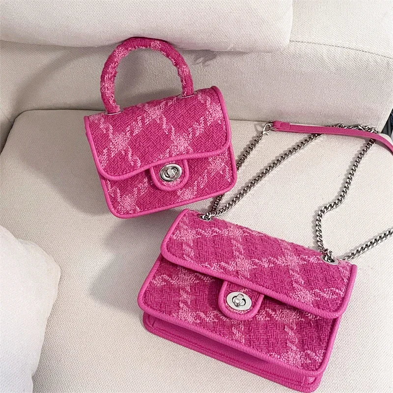 

Rose Pink Women Lock Shoulder Bags Luxury Plaid Ladies Small Square Crossbody Bag Fashion Design Rhomboid Chain Small Square Bag