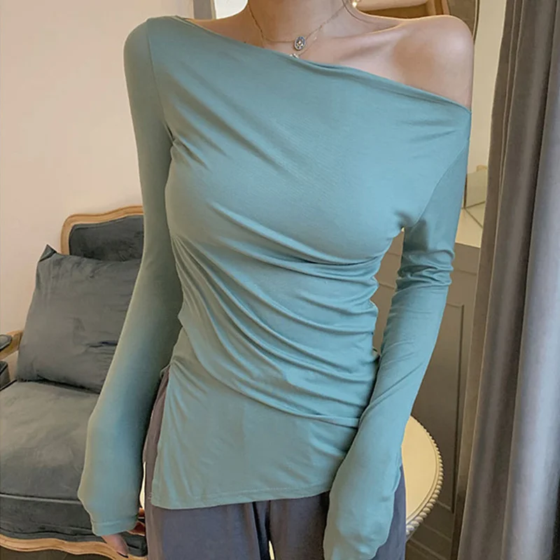 

LJSXLS сексуальная тонкая белая футболка женская футболка с длинным рукавом корейский стиль косый воротник Весна Осень Топы 2022 Черная Женская...