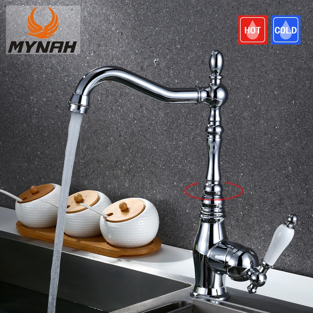 

MYNAH Antique Kitchen Sink Faucet 360 °Rotatable Single Handle Hot Cold Water Mixer Chrome Countertop Basin Taps