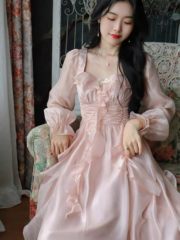 Платья с длинным рукавом женские розовые милые элегантные вечерние ретро миди