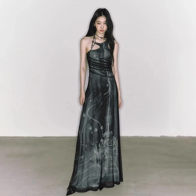 Женское Сетчатое платье с принтом новое вечернее длинное подвесным воротником