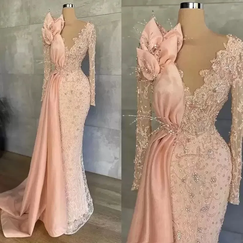Персиковое розовое вечернее платье с длинным рукавом сверкающие кружевные