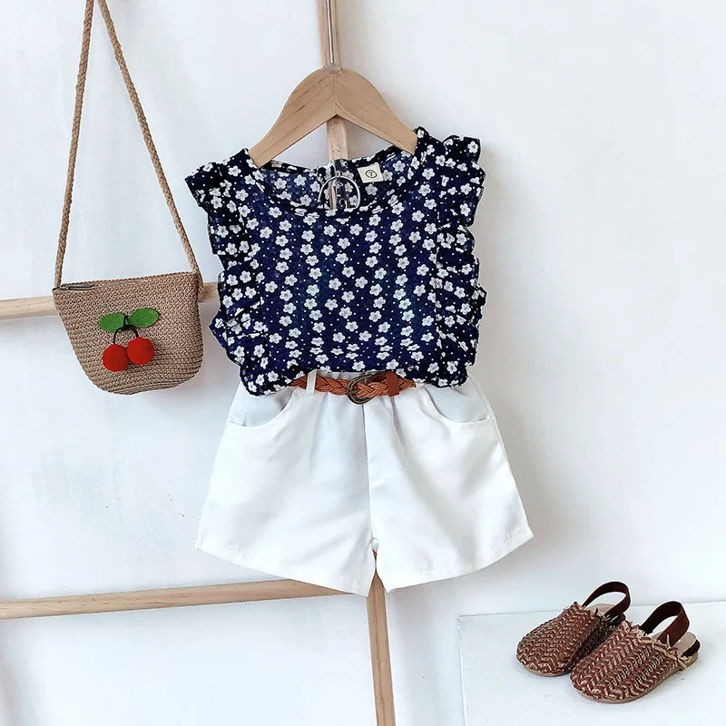 

Girls Summer New Korean Style Off-the-shoulder Short-sleeved Top and Shorts Two-piece Set Toddler Girl Clothes Baby Girl Clothes