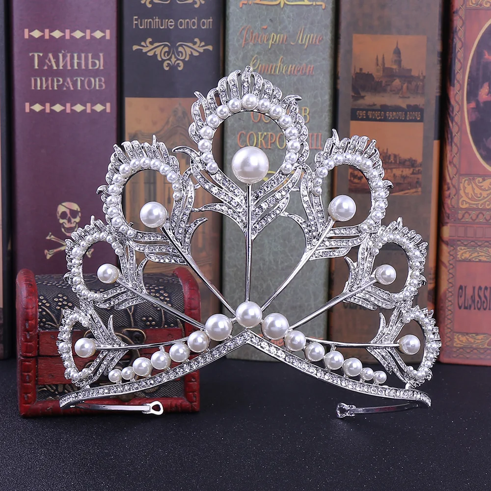 

Pearl Pageant Diadem Royal Queen Tiaras Big Crown Women Crystal Baroque Rhinestone Prom Bridal Jewelry Weddings Hair Accessories