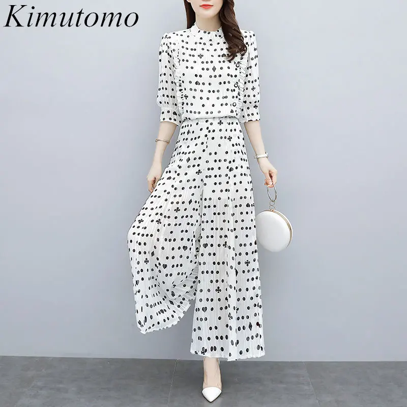 

Элегантный шифоновый комплект Kimutomo из двух предметов в горошек, женская блузка с круглым вырезом, рукавами-фонариками и пуговицами, брюки с ...