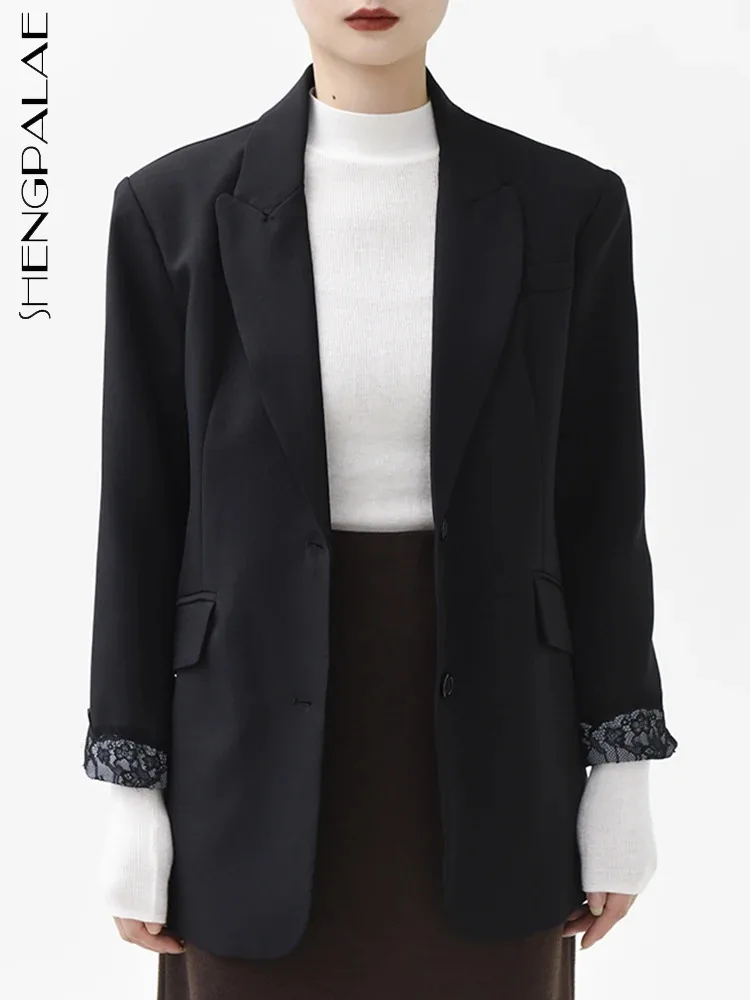 

SHENGPALAE Lace Spliced Cuff Blazers For Women Temperament Notched Collar Single Breasted Suit Coat Autumn 2023 New Tide 5R7906