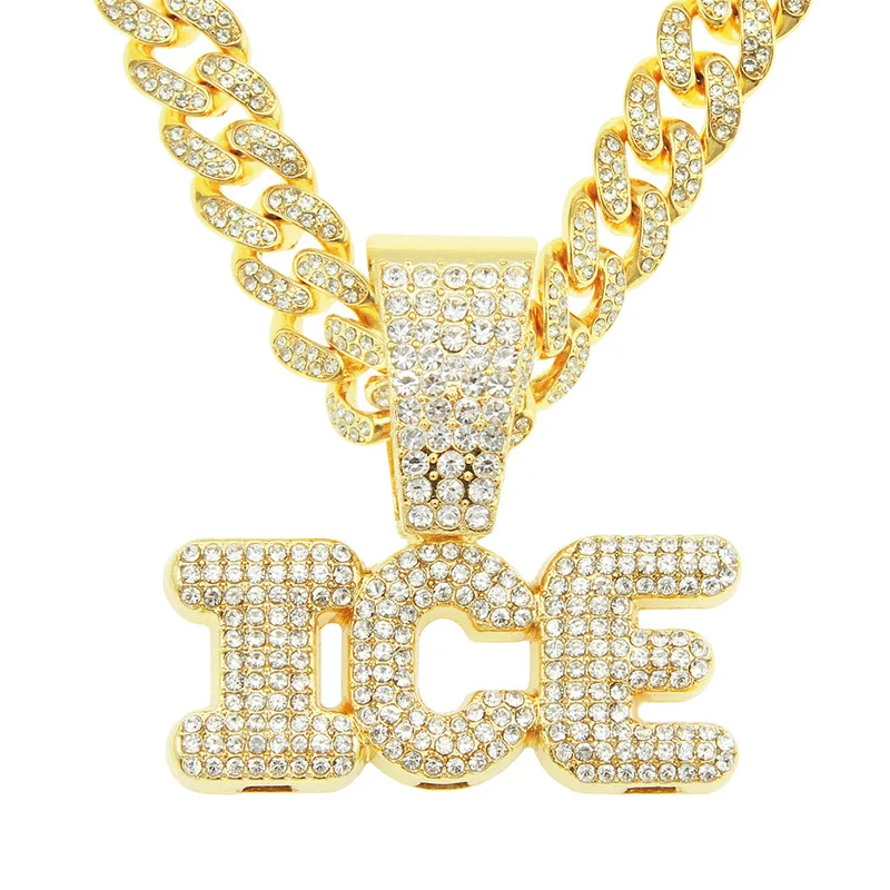 

Цепочка Стразы в стиле хип-хоп для мужчин и женщин, украшение из кубинской цепи со сверкающими звеньями, колье с надписью «ICE» золотого и сер...
