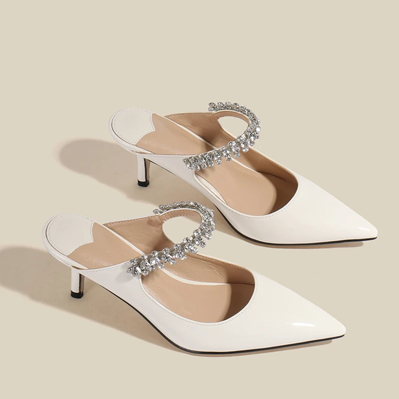 Fashion Pointed Sandals 2023 Summer New Diamond Chain High-heeled Shoes Baotou Muller Semi-slippers Frosted Flat Women's Shoes