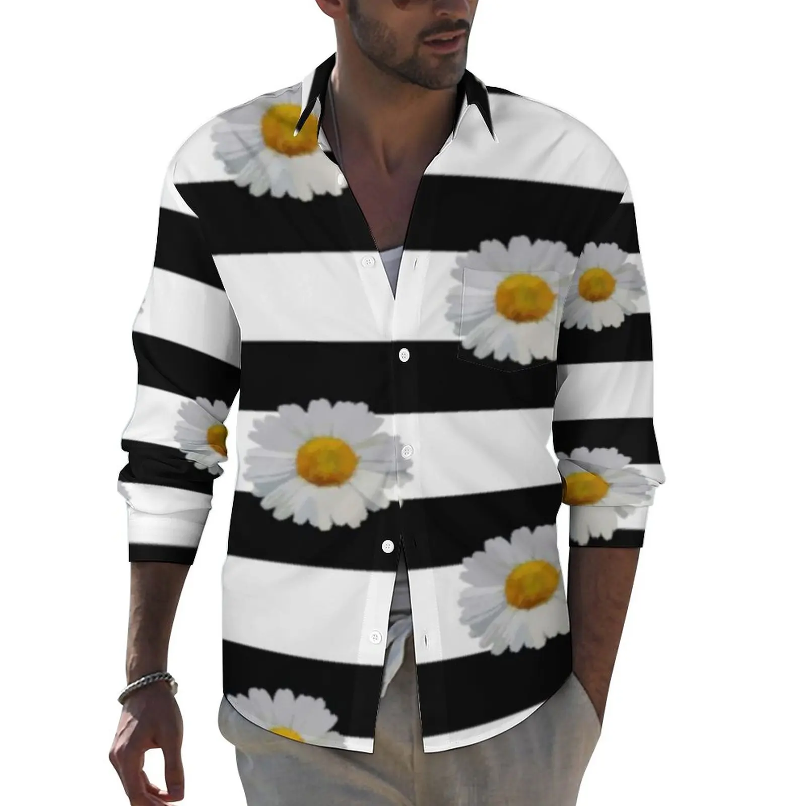 

White Floral Daisies Stylish Casual Shirt Mens Black White Stripes Print Shirt Vintage Blouses Long Sleeve Design Oversized Tops