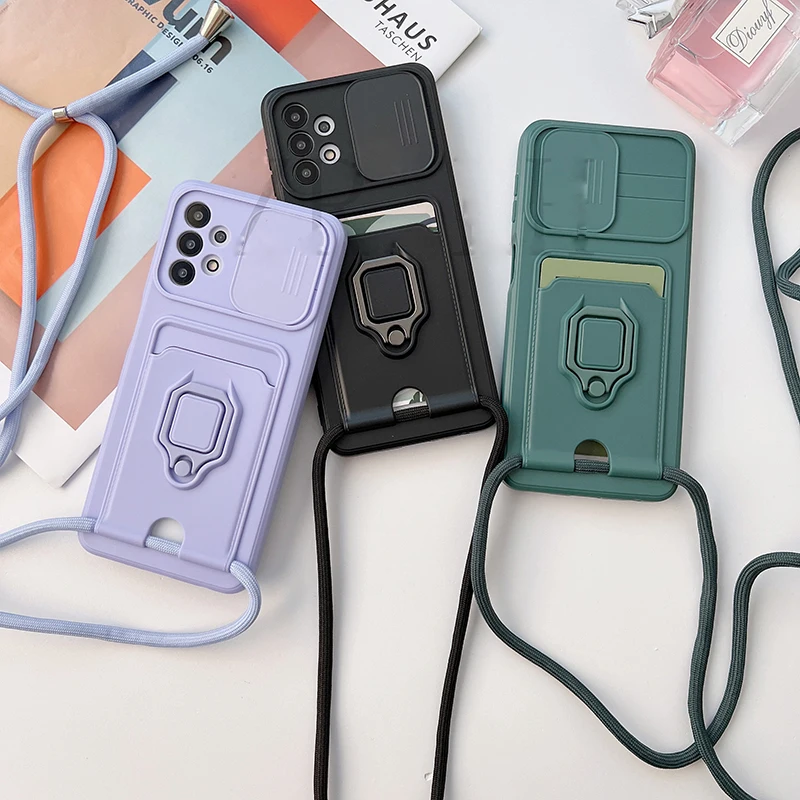 

Crossbody Necklace Cord Lanyard Wallet Card Case For Samsung Galaxy A53 S22 A51 A52 A13 A32 A72 A71 Ring Holder Stand Soft Cover