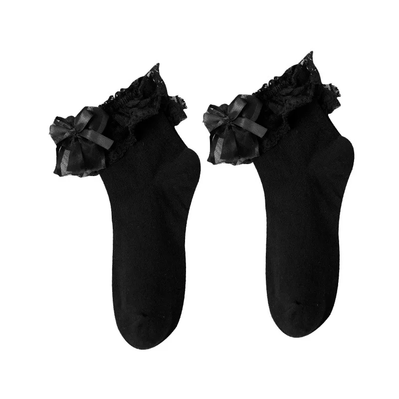 

Кружевные кружевные носки с бантом, детские носки средней длины, японские черные и белые женские гольфы, кружевные носки