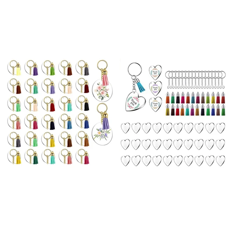 

128Pcs Keychain Blanks Clear Circle Discs Key Chain With 90Pcs Clear Heart Keychain Blanks Tassel Key Rings