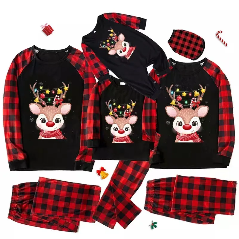 2022 Christmas Deer Family Matching Pajamas Sets Plaid Mommy and Me Xmas Pj's Clothes Father Mother Kid Baby Dog Pyjamas Outfits